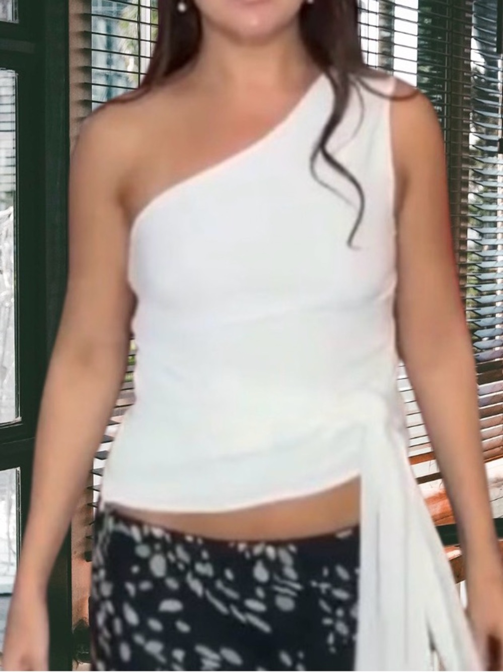 One-Shoulder White Tie Waist Tank Top Lined Cropped Going Out Blouse Size Small